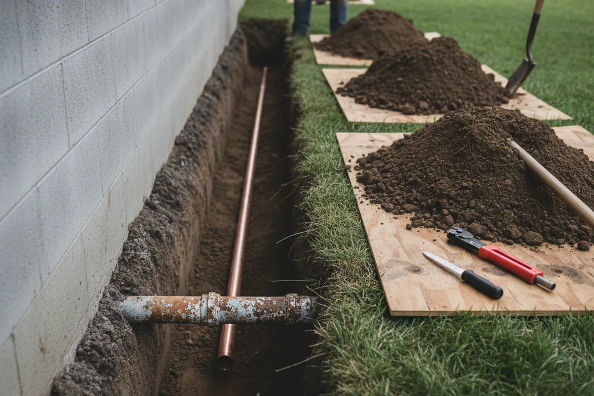 Excavated water line trench during Water Softener Installation in Bonanza